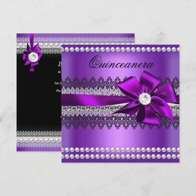 Invitación Quinceanera Morado Bow Perla Negro Diamante (Anverso / Reverso)