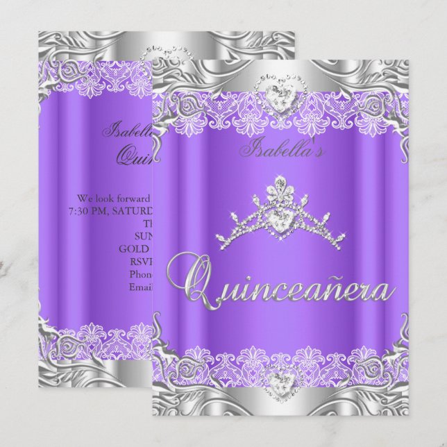 Invitación Quinceanera Morado Diamante Tiara 15º Fiesta (Anverso / Reverso)