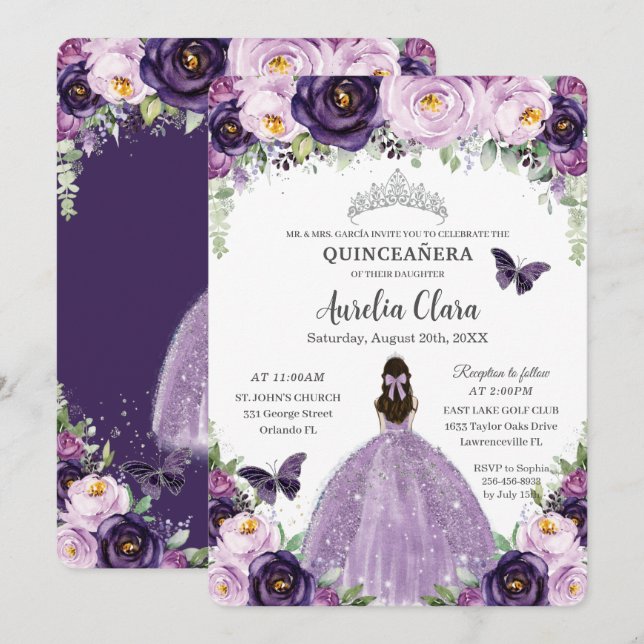 Invitación Quinceañera Morado Floral Mariposa Plata Tiara (Anverso / Reverso)