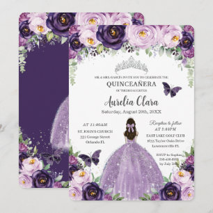 Invitación Quinceañera Morado Floral Mariposa Plata Tiara