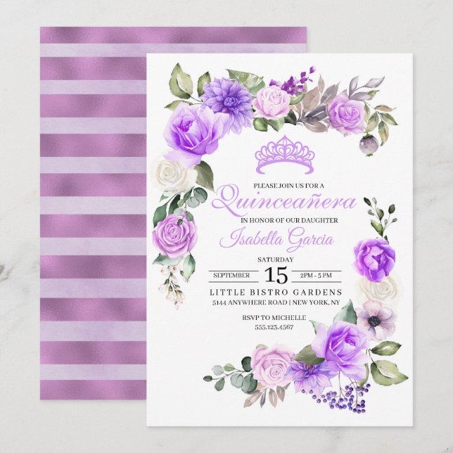 Invitación Quinceanera Morado Floral Primavera Quinceanera cu (Anverso / Reverso)