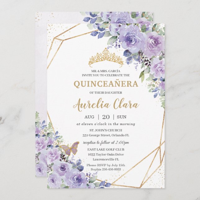 Invitación Quinceañera Morado Floral Princesa Heredera Maripo (Anverso / Reverso)