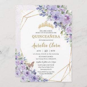 Invitación Quinceañera Morado Floral Princesa Heredera Maripo