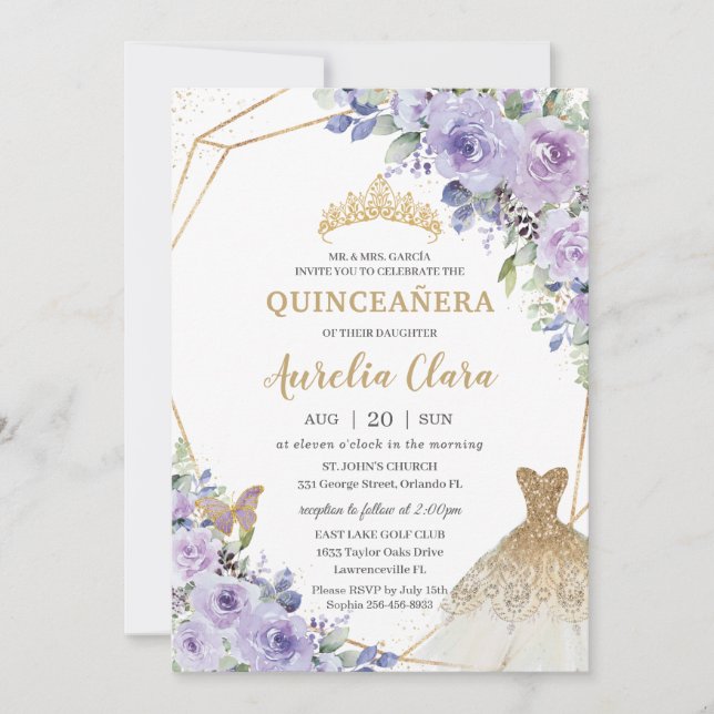 Invitación Quinceañera Morado Floral Princesa Oro Gown Tiara (Anverso)
