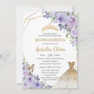 Invitación Quinceañera Morado Floral Princesa Oro Gown Tiara