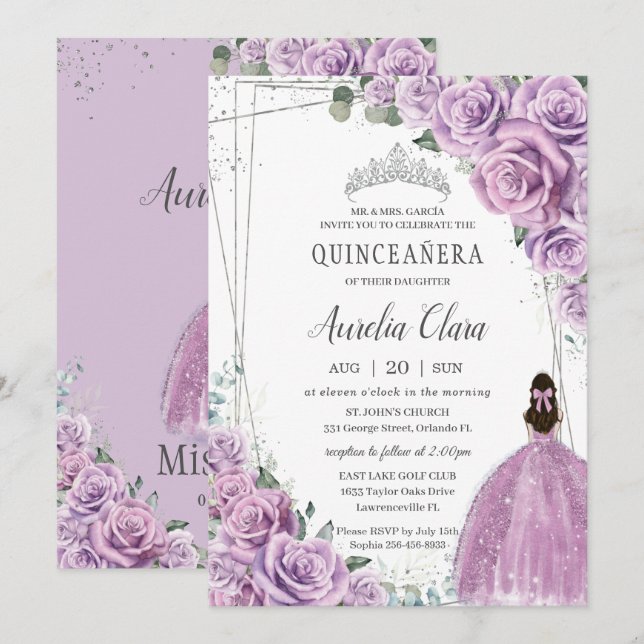 Invitación Quinceañera Morado Floral Princesa Plata Cumpleaño (Anverso / Reverso)