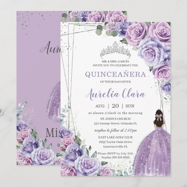 Invitación Quinceañera Morado Floral Princesa Plata Cumpleaño (Anverso / Reverso)