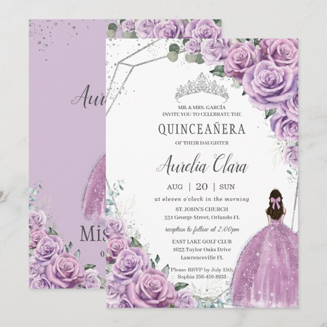 Invitación Quinceañera Morado Floral Princesa Plata Cumpleaño (Anverso / Reverso)