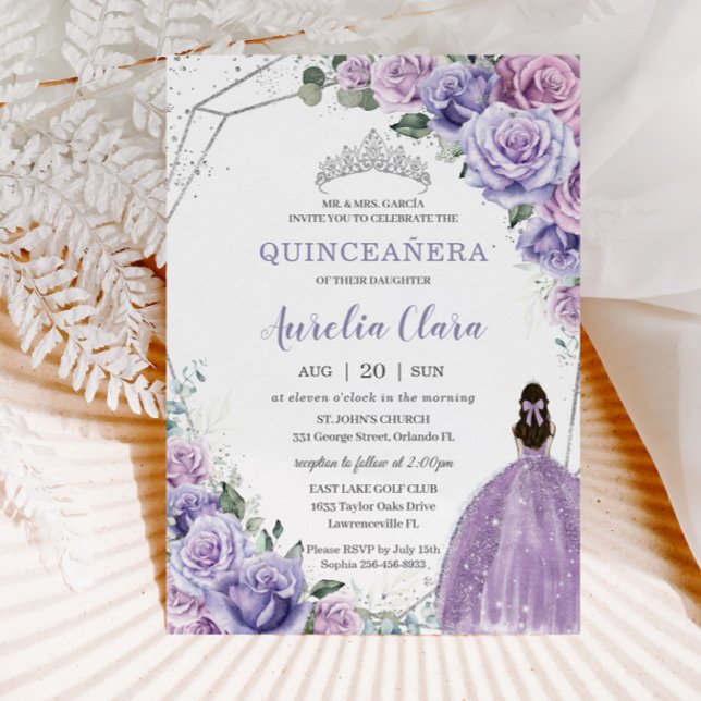 Invitación Quinceañera Morado Floral Princesa Plata Cumpleaño (Subido por el creador)