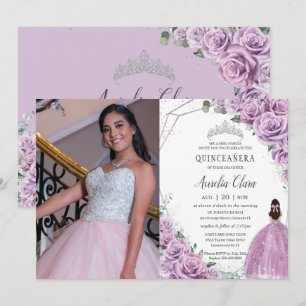 Invitación Quinceañera Morado Floral Princesa Plata Cumpleaño