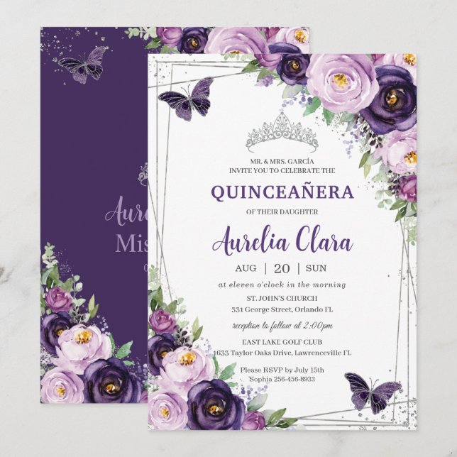 Invitación Quinceañera Morado Morado Lilac Floral Butterflies (Anverso / Reverso)