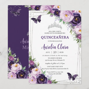 Invitación Quinceañera Morado Morado Lilac Floral Butterflies