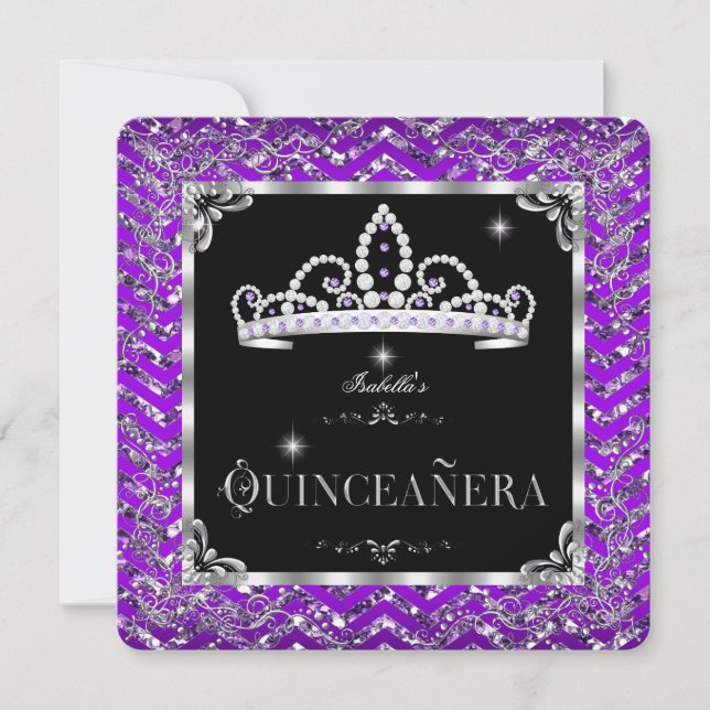 Invitación Quinceanera Morado Negro Diamante Tiara (Anverso)