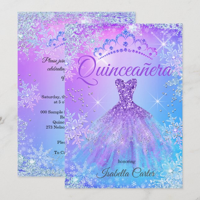 Invitación Quinceanera Morado Rosa Azul Invierno Maravilla 2 (Anverso / Reverso)