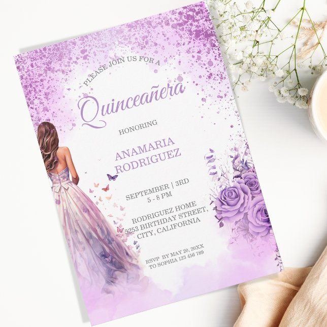 Invitación Quinceañera Morado Vestido Mariposas Florales (lavender purple roses and dress with butterflies)