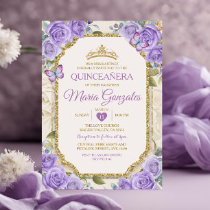 Invitación Quinceañera Morado y Corona de Oro Mariposa Mexica