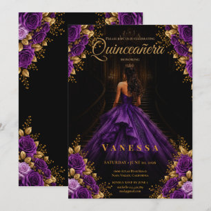 Invitación Quinceañera Morado y Dorado