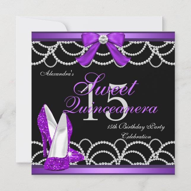Invitación Quinceanera Morple Sweet 15 Fiesta Purpurina Negro (Anverso)