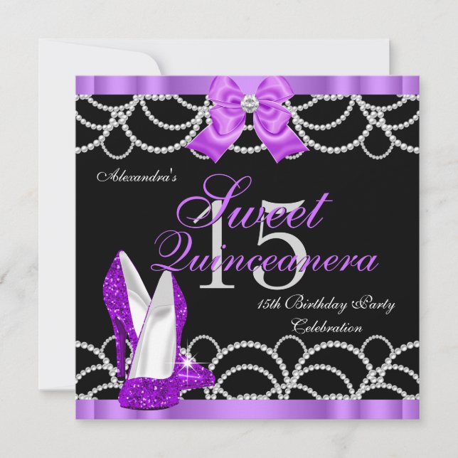 Invitación Quinceanera Morple Sweet 15 Fiesta Purpurina Negro (Anverso)