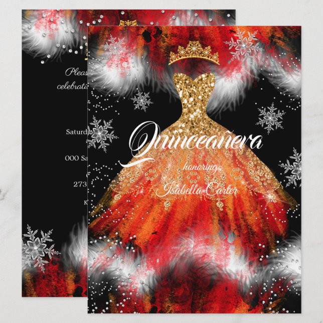 Invitación Quinceanera Naranja Rojo Helado de nieve Vestido d (Anverso / Reverso)