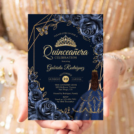 Invitación Quinceanera Naval Azul Mariposa de Oro Vestido Flo