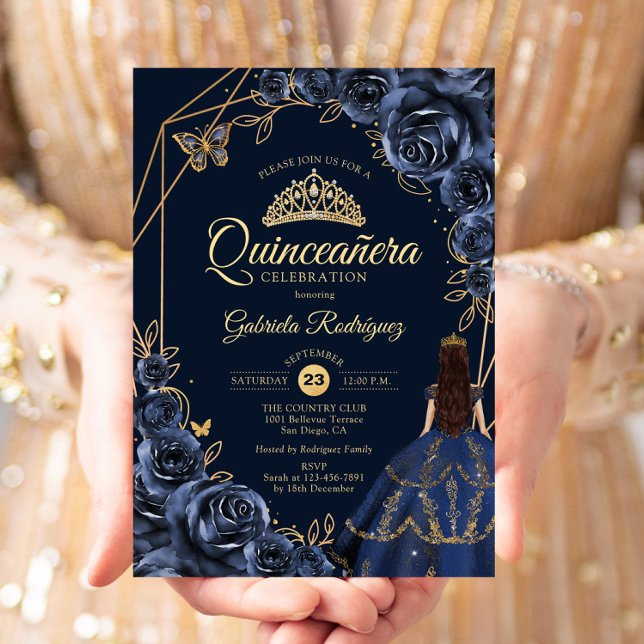 Invitación Quinceanera Naval Azul Mariposa de Oro Vestido Flo (Subido por el creador)