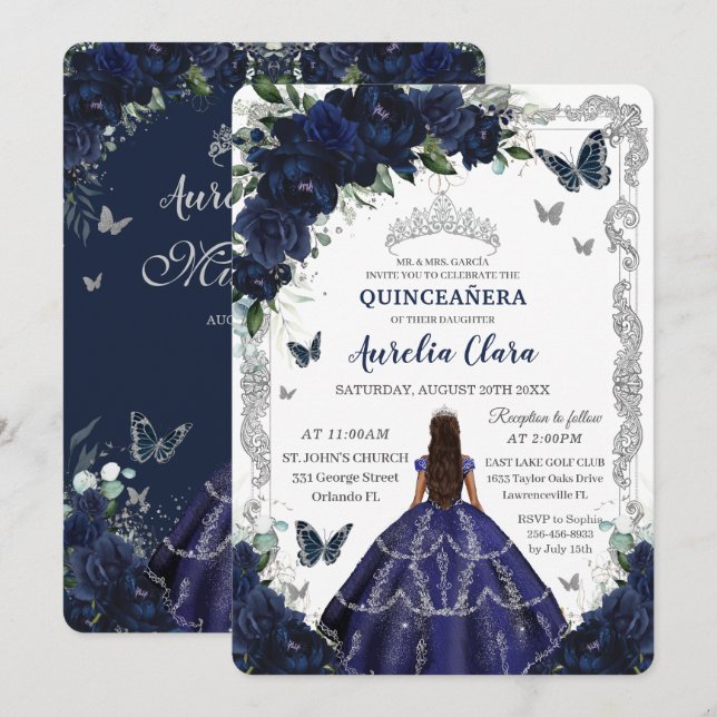 Invitación Quinceañera Navy Blue Floral Silver Princess  (Anverso / Reverso)