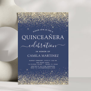Invitación Quinceanera Navy Blue Gold Purpurina moderno