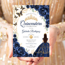 Invitación Quinceanera Navy Gold Floral