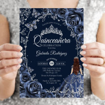 Quinceañera Navy Mariposas Plateadas Rosas