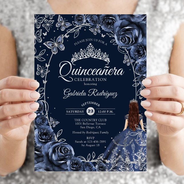 Invitación Quinceañera Navy Mariposas Plateadas Rosas (Subido por el creador)