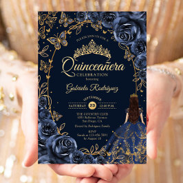 Invitación Quinceañera Navy Oro Mariposas Rosas