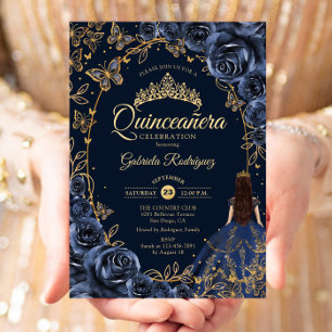 Invitación Quinceañera Navy Oro Mariposas Rosas