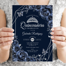 Invitación Quinceañera Navy Plata Floral