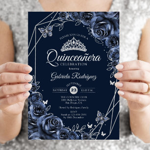 Invitación Quinceañera Navy Plata Floral