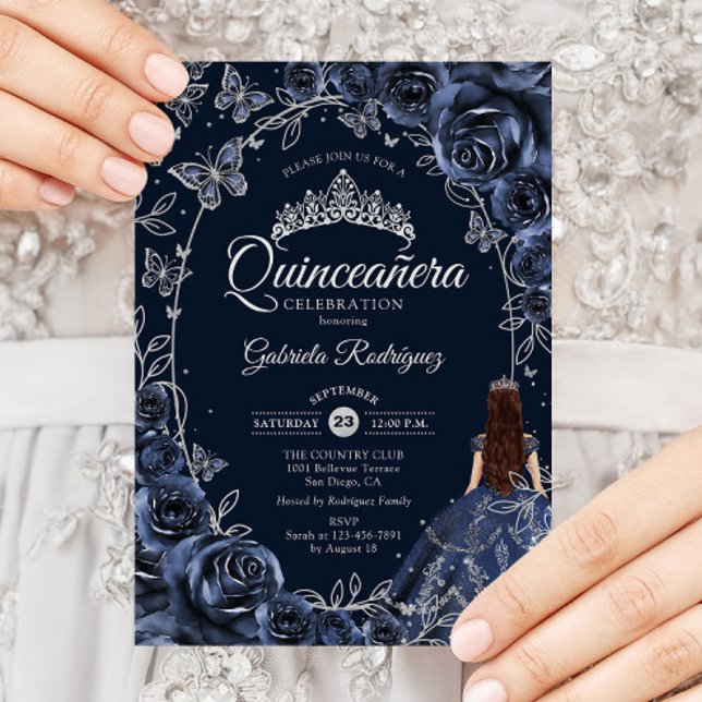 Invitación Quinceanera Navy Silver Butterflies Roses (Subido por el creador)