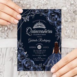 Invitación Quinceanera Navy Silver Butterfly Dress Floral