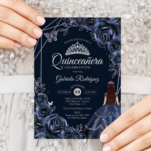 Invitación Quinceanera Navy Silver Butterfly Dress Floral (Subido por el creador)