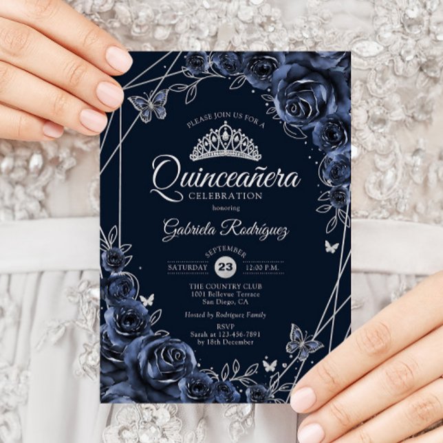 Invitación Quinceanera Navy Silver Floral (Subido por el creador)
