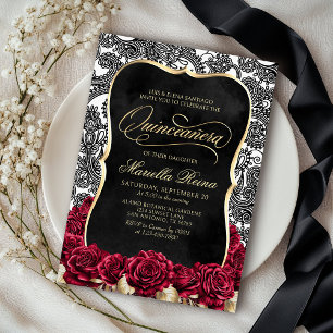 Invitación Quinceañera negra de oro blanco