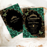 Invitación Quinceanera negra de oro verde esmeralda<br><div class="desc">Invitación a la celebración de Quinceanera,  verde esmeralda,  negro dorado. Características,  letra de guión,  mariposas doradas,  rosas de acuarela y tiara. Perfecto para una elegante celebración de glam al estilo de la princesa. Personaliza con tus propios detalles. Invitaciones Zazzle impresas o una plantilla imprimible digital de descarga instantánea.</div>