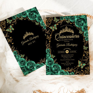 Invitación Quinceanera negra de oro verde esmeralda