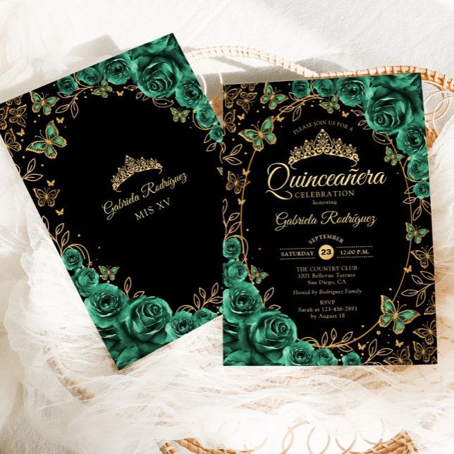 Invitación Quinceanera negra de oro verde esmeralda (Subido por el creador)