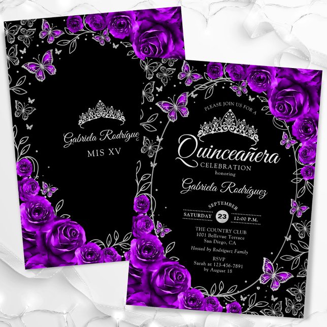 Invitación Quinceanera negra de plata morada (Subido por el creador)