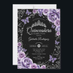 Invitación Quinceanera negra de plata púrpura Lilac<br><div class="desc">Invitación a la celebración de Quinceañera púrpura,  plateada y negra. Características,  letra de guión,  mariposas,  rosas de acuarela y tiara. Perfecto para una elegante celebración de glam al estilo de la princesa. Personaliza con tus propios detalles. Invitaciones Zazzle impresas o una plantilla imprimible digital de descarga instantánea.</div>