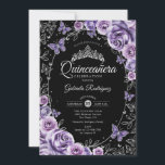 Invitación Quinceanera negra de plata púrpura Lilac<br><div class="desc">Invitación a la celebración de Quinceañera púrpura,  plateada y negra. Características,  letra de guión,  mariposas,  rosas de acuarela y tiara. Perfecto para una elegante celebración de glam al estilo de la princesa. Personaliza con tus propios detalles. Invitaciones Zazzle impresas o una plantilla imprimible digital de descarga instantánea.</div>