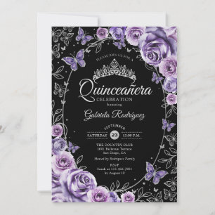 Invitación Quinceanera negra de plata púrpura Lilac