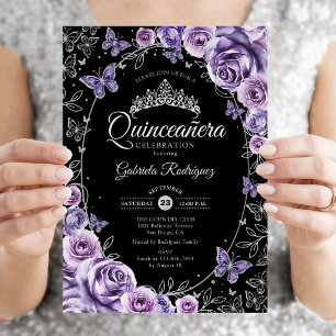 Invitación Quinceanera negra de plata púrpura Lilac