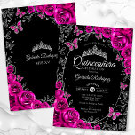 Invitación Quinceanera negra de plata rosa de Fuchsia<br><div class="desc">Invitación a la celebración de Quinceañera rosa,  plateada y negra de Fuchsia. Características,  letra de guión,  mariposas,  rosas de acuarela y tiara. Perfecto para una elegante celebración de glam al estilo de la princesa. Personaliza con tus propios detalles. Invitaciones Zazzle impresas o una plantilla imprimible digital de descarga instantánea.</div>