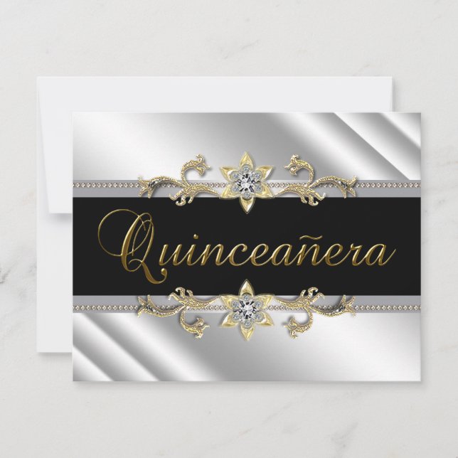 Invitación Quinceanera negra dorada plateada (Anverso)
